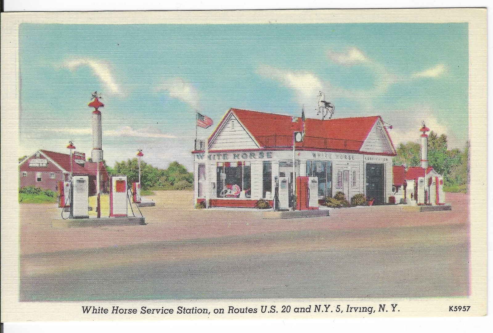 Irving, New York, White Horse Service Station,  Gas Pumps, Gas Station, Postcard
