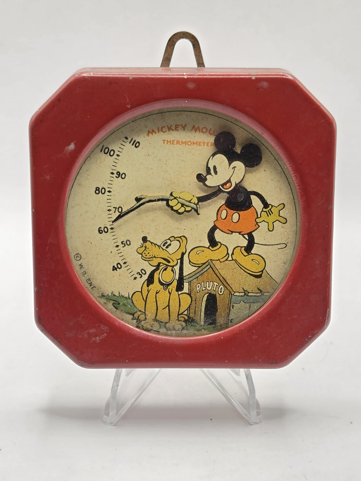 Vintage & Rare 1936 WD Ent Mickey Mouse & Pluto Red Octogon Themomter