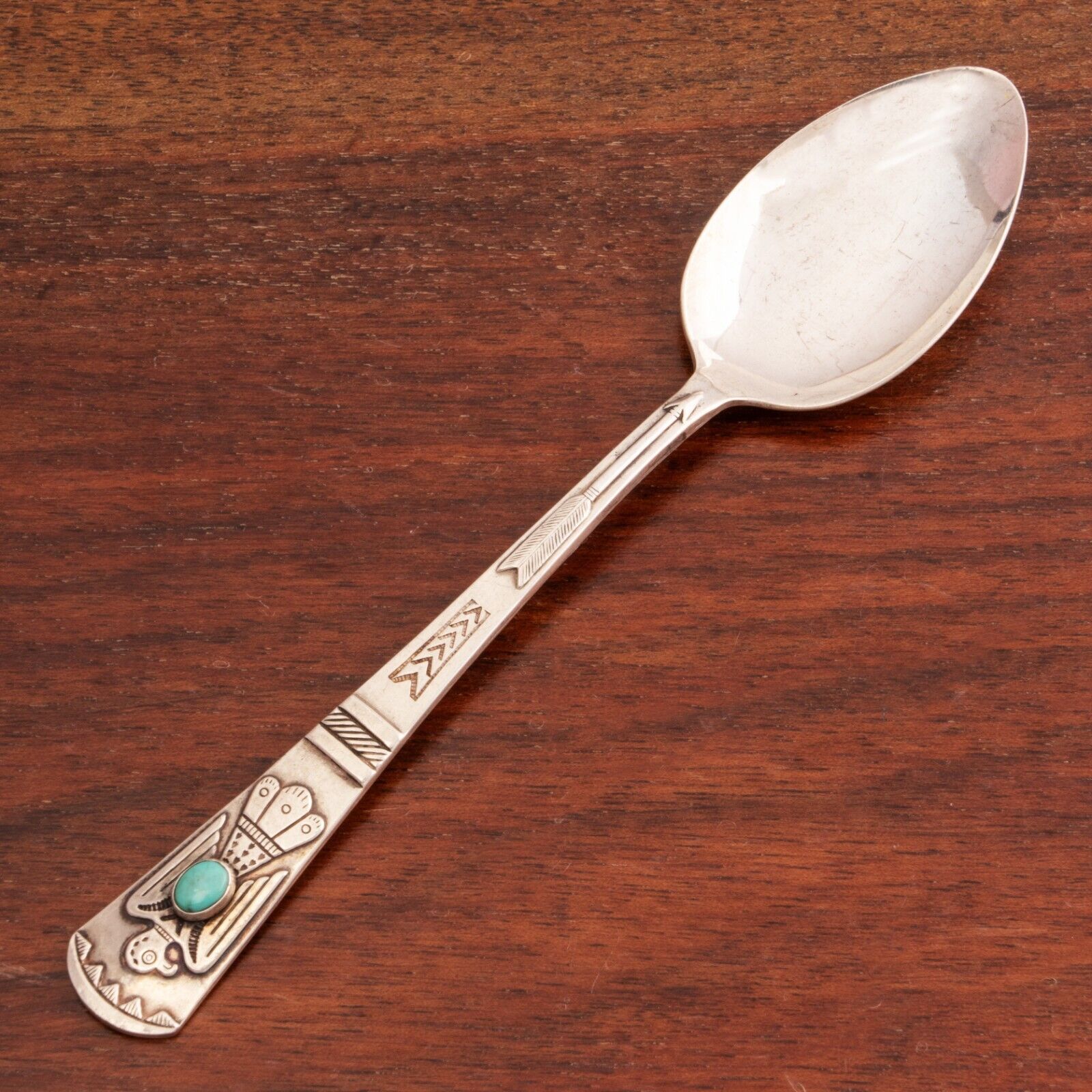 MAISELS NATIVE AMERICAN STERLING TEASPOON STAMP WORK, TURQUOISE, THUNDERBIRD