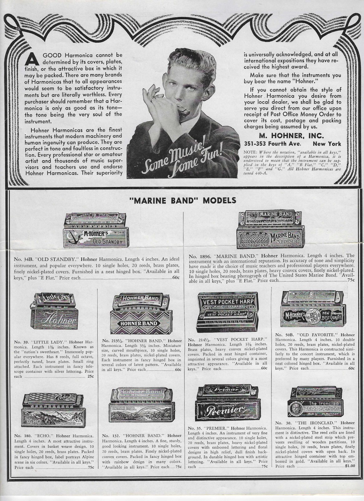 1930s Hohner Harmonica Advertisement • Marine Band Models • Vintage Music Ad