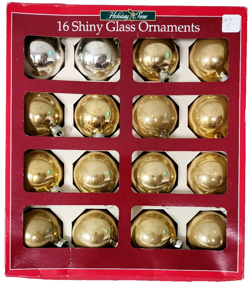 Vintage Holiday Time Shiny Glass Christmas Ornaments Set of 16 Boxed