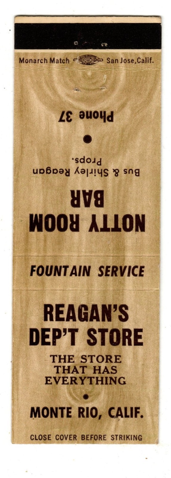 REAGAN\'S DEPARTMENT STORE matchbook matchcover - MONTE RIO, CALIFORNIA