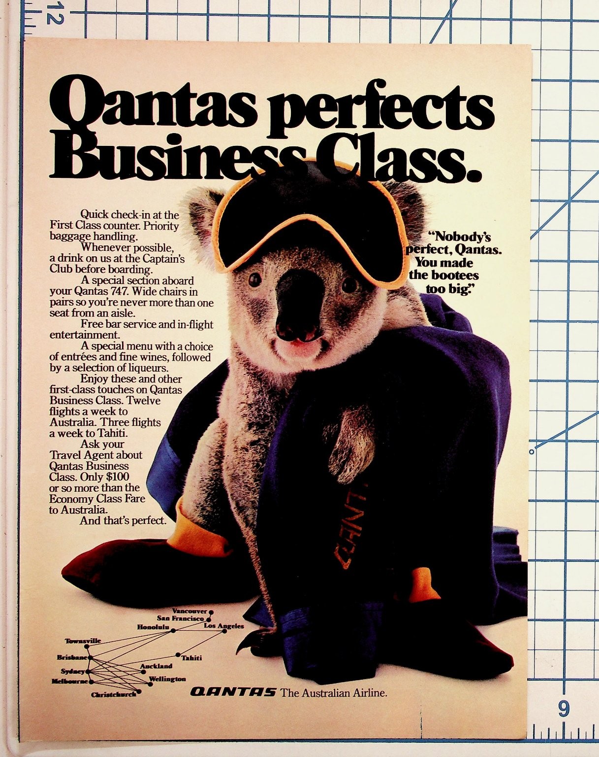 Vintage Qantas Business Class Ad Koala Bear 747 Australia Tahiti Travel Ephemera