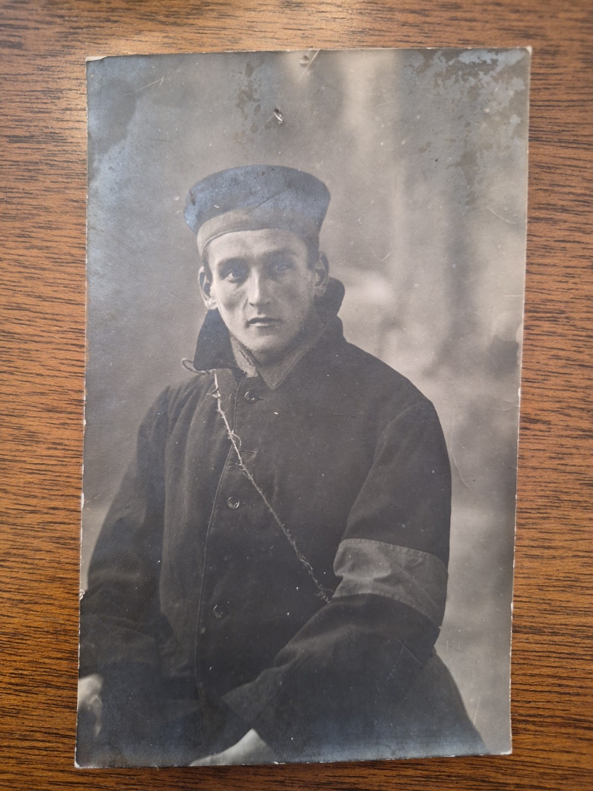 WWI French soldier wearing barbed wire RPPC portrait WWI French soldier wearing barbed wire RPPC portrait
