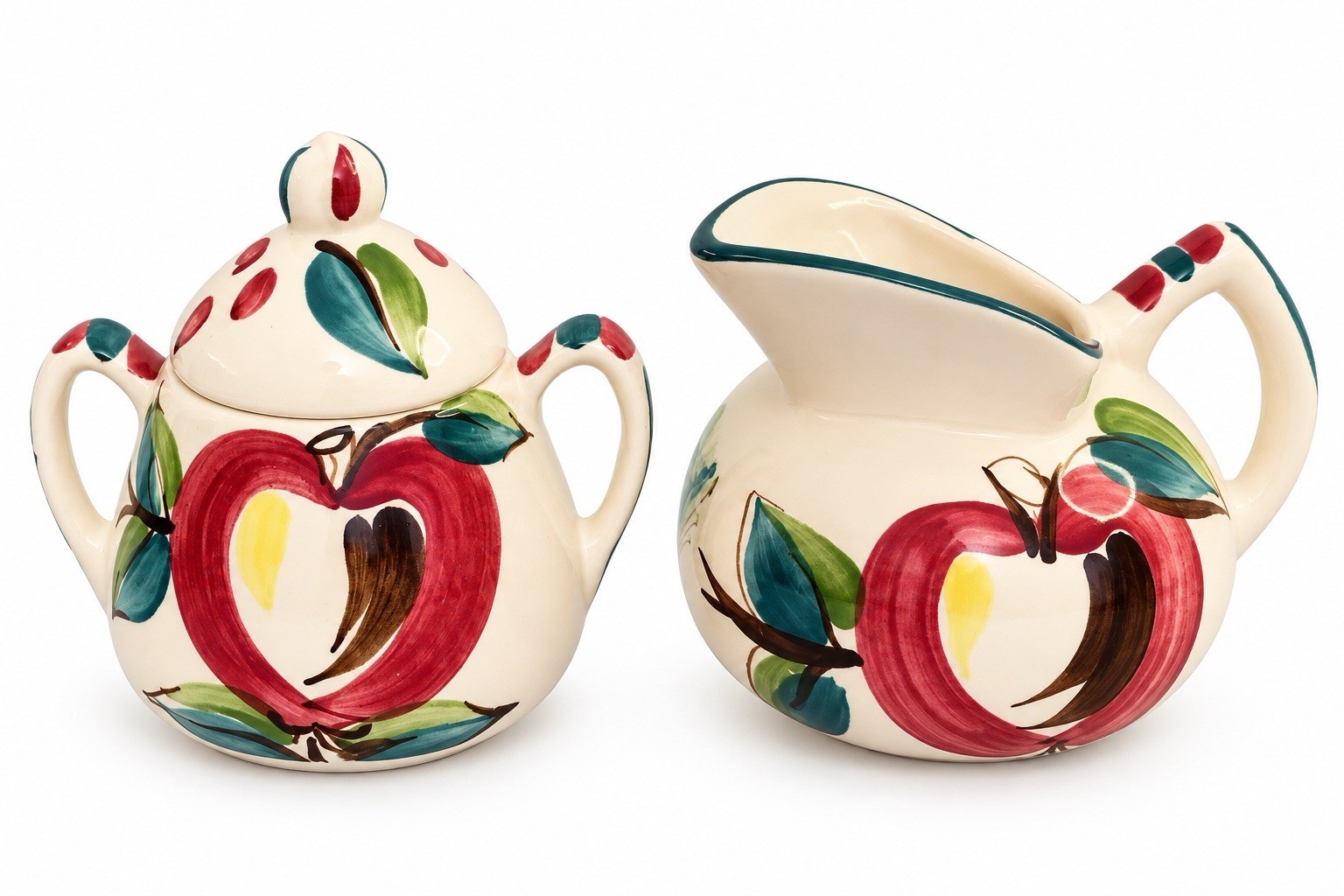 Vintage Hand Painted Apple Purinton Slip Ware Pottery Vintage Cream Sugar Set