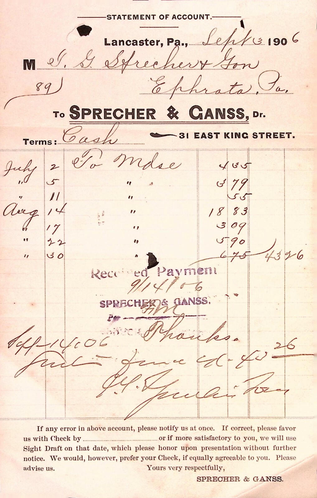 1906 Lancaster PA Sprecher & Ganss Statement of Account Invoice Receipt Paid