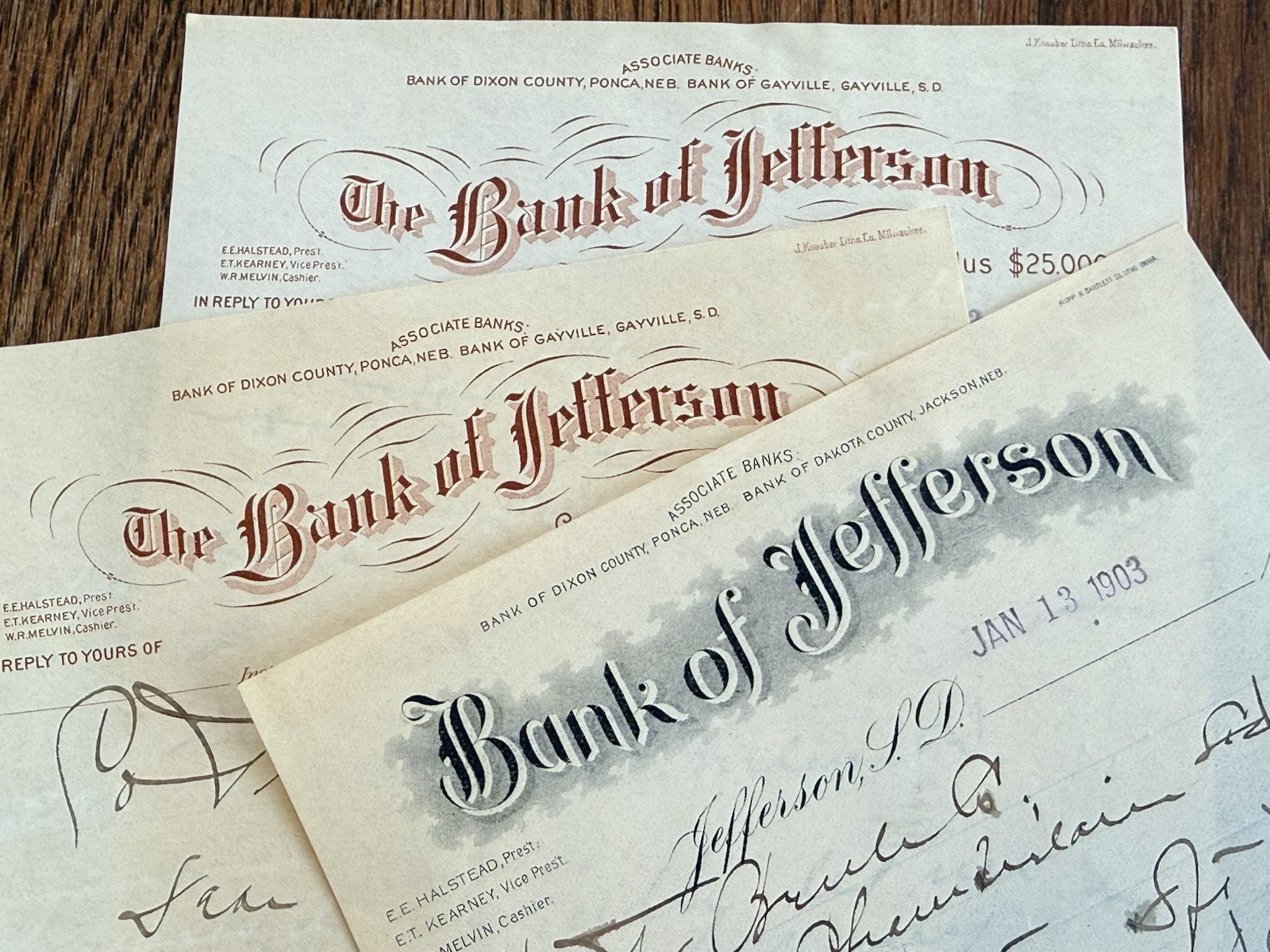 3 Antique 1903 BANK OF JEFFERSON South Dakota Letterheads
