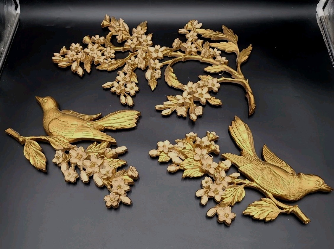 Vtg Syroco Dogwood Floral Birds 3 pc Wall Hanging Decor 1967 Dart 7033 7037 7038