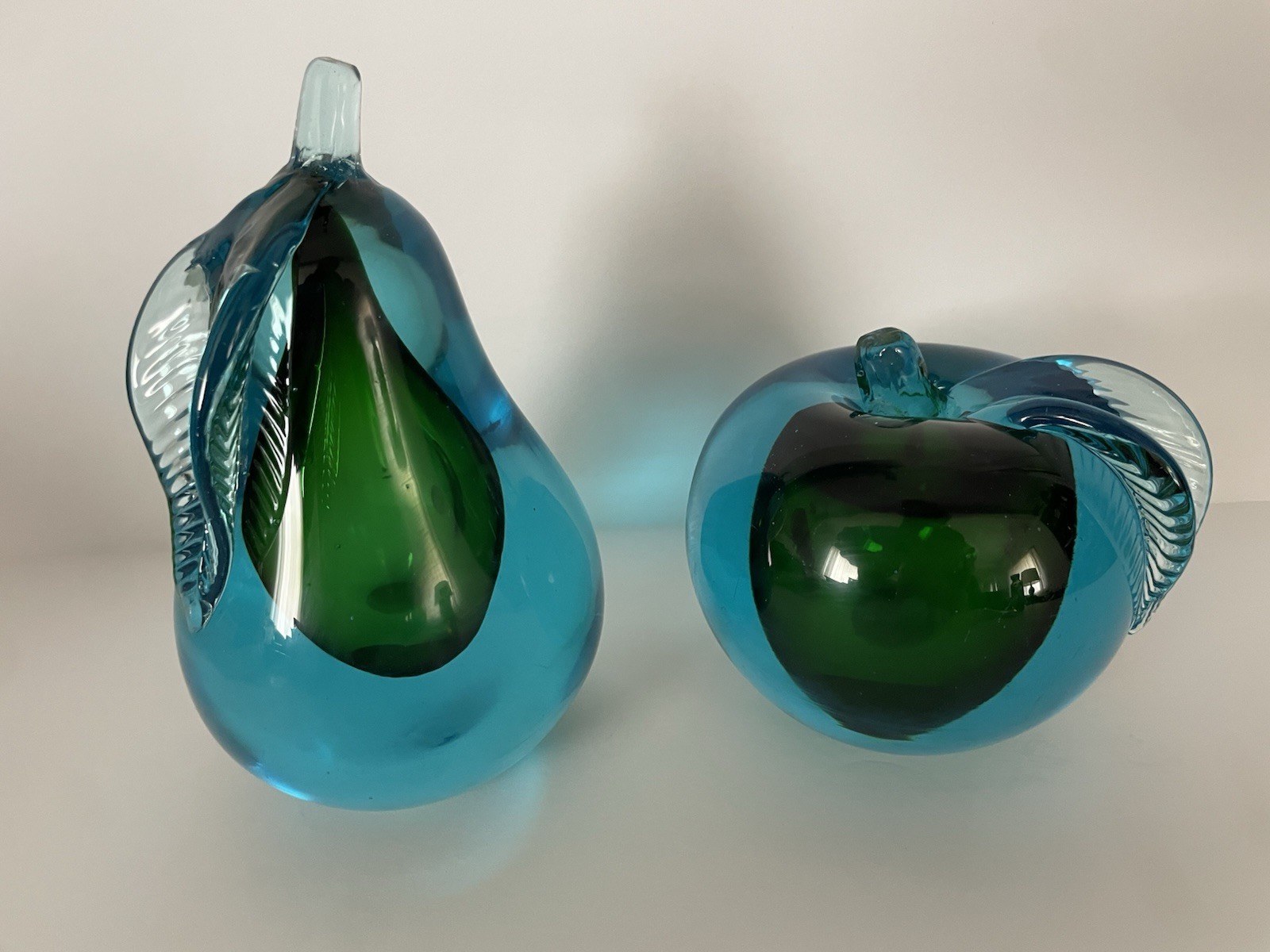 GLOWS 60’s Murano Venetian Glass PEAR & APPLE Book Ends BEAUTIFUL BLUE & GREEN