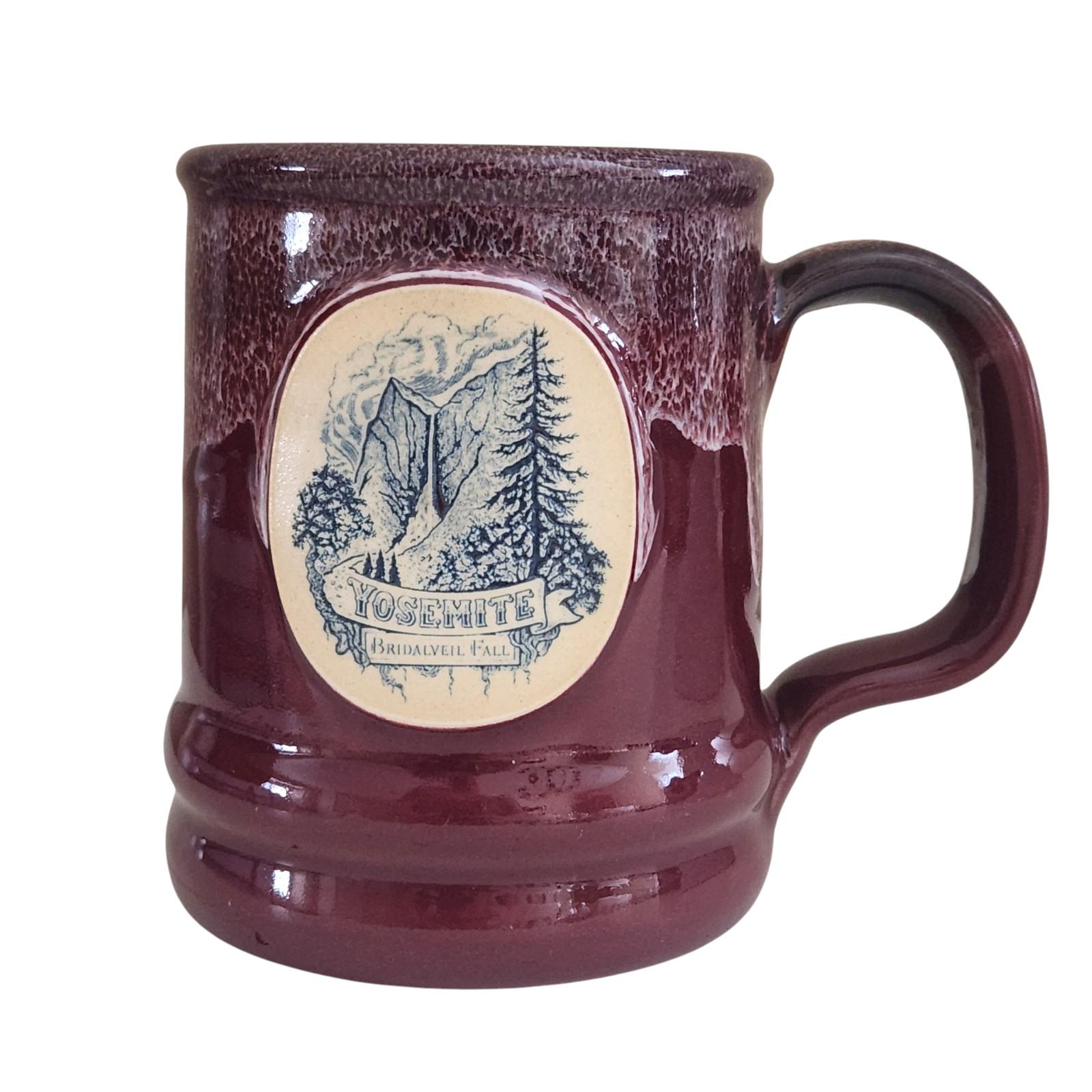 Deneen Pottery Yosemite Bridalveil Falls Coffee Tea Mug Cup Burgundy Drip Glaze