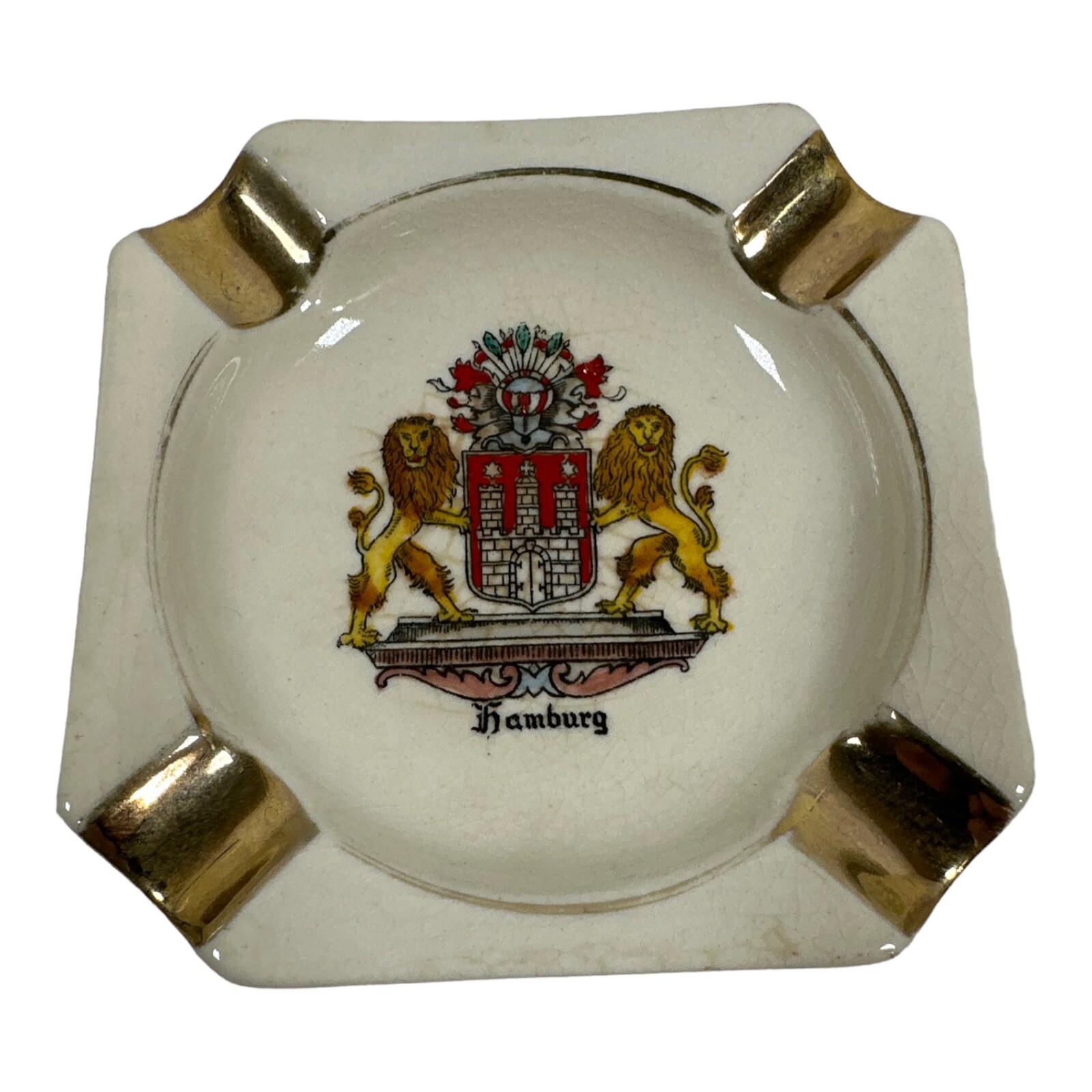 ASHTRAY HAMBURG GERMANY COAT OF ARMS GOLD TRIM MINIATURE SMALL TINY 3 1/8