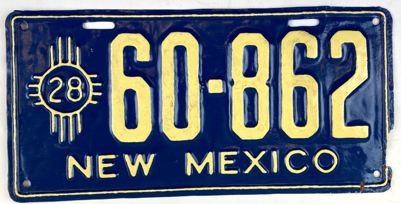 Vintage 1928 New Mexico Repaint Auto License Plate 60-862 Garage Pub Wall Decor
