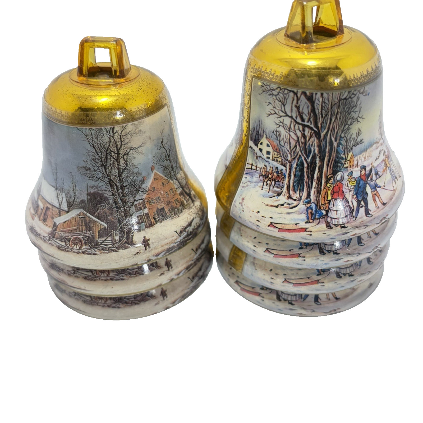 VTG Set of 7 Christmas Holiday Bell Ornaments Winter Family Scenes Gold Top 2