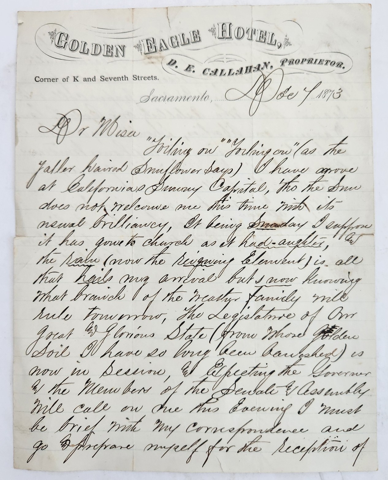 1873 antique GOLDEN EAGLE HOTEL sacramento ca LETTER political satire HACKETT
