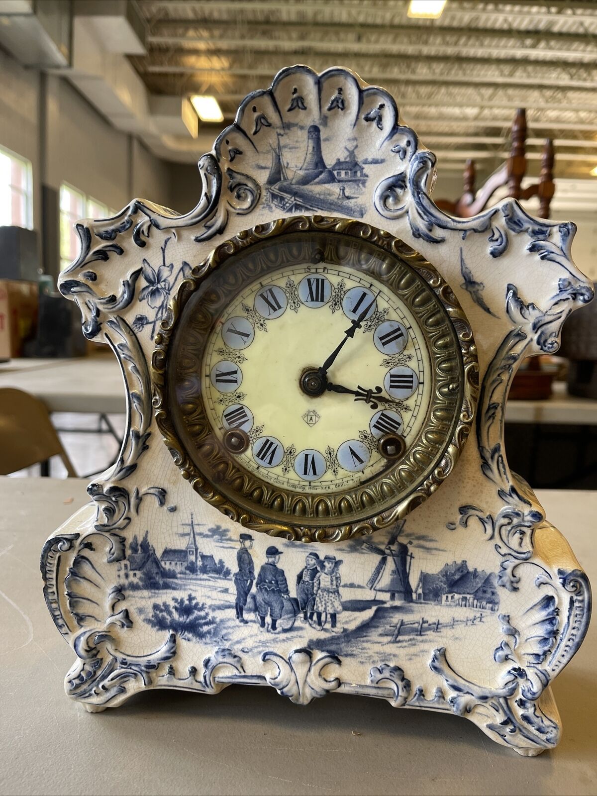 Antique Ansonia Royal Bonn Delft Clock Blue Porcelain With Key Signed