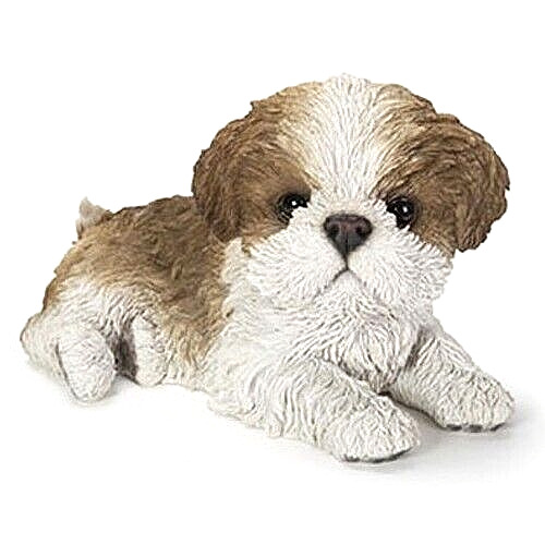 ✿ New PUPPY DOG Figurine Statue SHIH TZU Sculpture Laying Down Sit White Tan