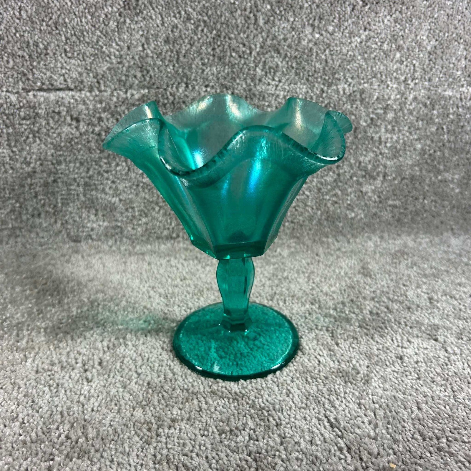 Fenton Compote Vase Stiegel Green Ruffle Iridescent Vintage Art Glass 6in