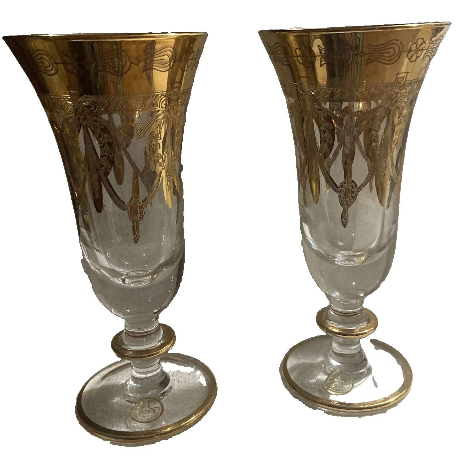 2 SC Line Italy Champagne Goblet Wine Clear Glass Cristallerie Gold Geometric 