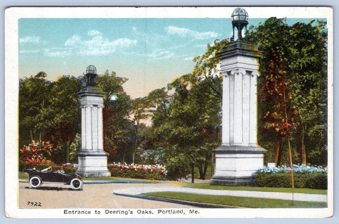 1920's PORTLAND MAINE ENTRANCE TO DEERING'S OAKS OLD CAR ANTIQUE POSTCARD