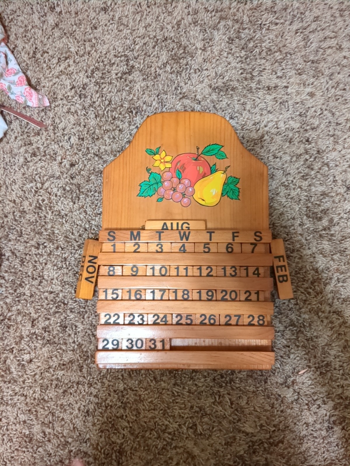 Vtg Wood Perpetual Wall Calendar Hand Painted Fruit 80s 90s Cottagecore Complete