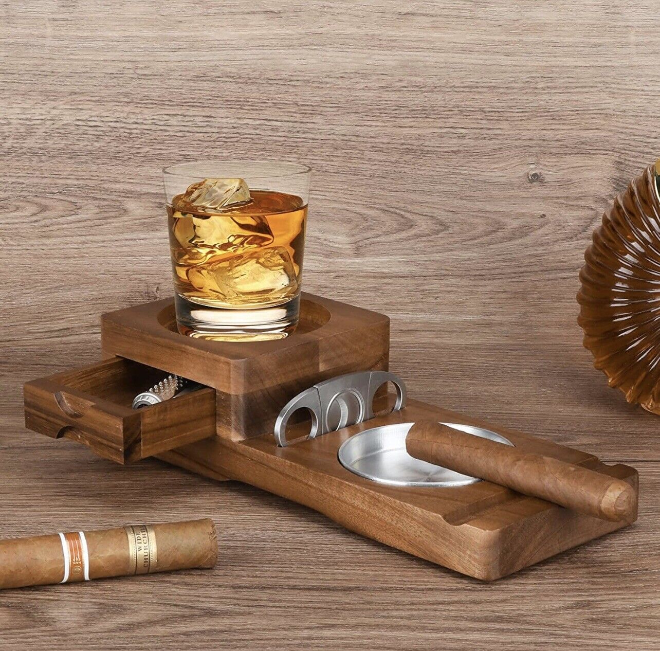 Luxury Cigar Ashtray With Whisky glass Holder Wooden Cigar Station W/CigarCutter