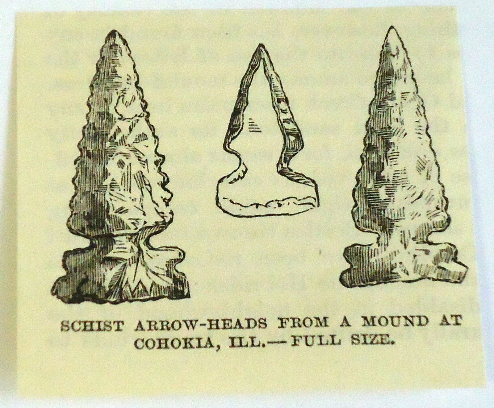 small 1883 magazine engraving ~ SCHIST ARROW-HEADS from mound at Cohokia, IL