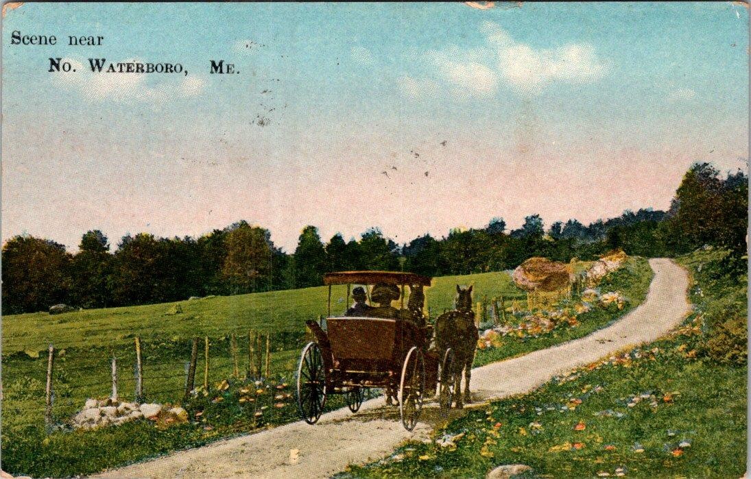 1918 SCENE near NORTH WATERBORO MAINE HORSE & BUGGY ANTIQUE POSTCARD