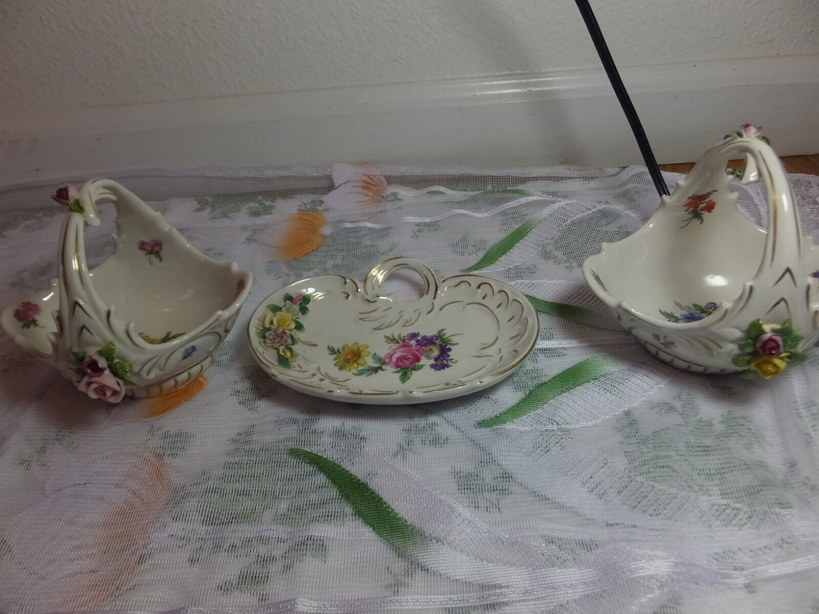 Unique Dresden porcelain plate and two flower baskets