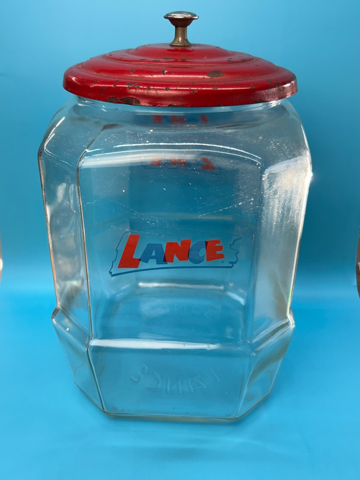Vintage From The House Of Lance Store Display 8 Sided Glass Jar Red Metal Lid
