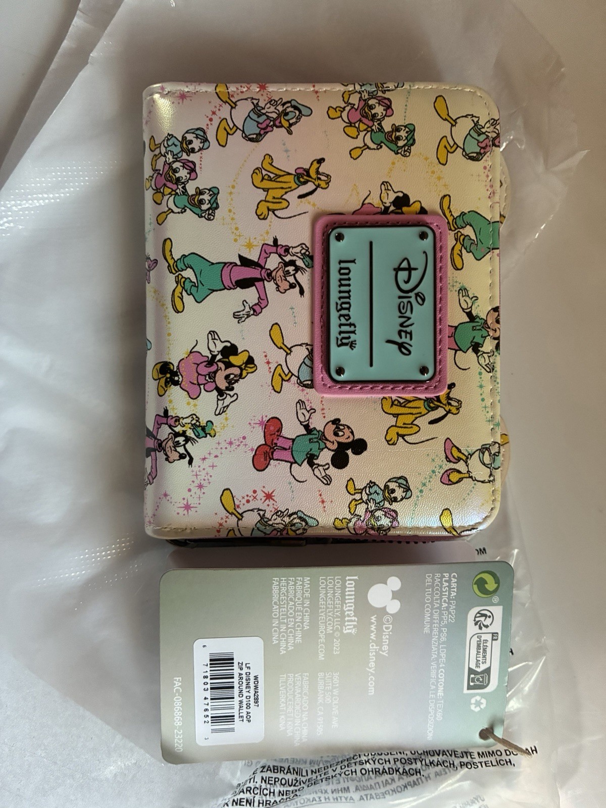 Loungefly Zip Wallet Mickey Friends Disney 100 AOP Pink Iridescent New NWT Loungefly Zip Wallet Mickey Friends Disney 100 AOP Pink Iridescent New NWT