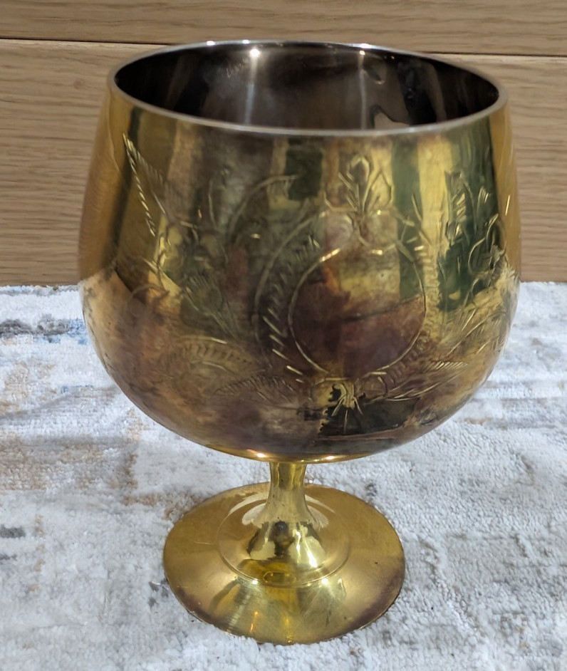 Vintage Indian Solid Brass Etched Goblet / Chalice with Silver-Tone Interior