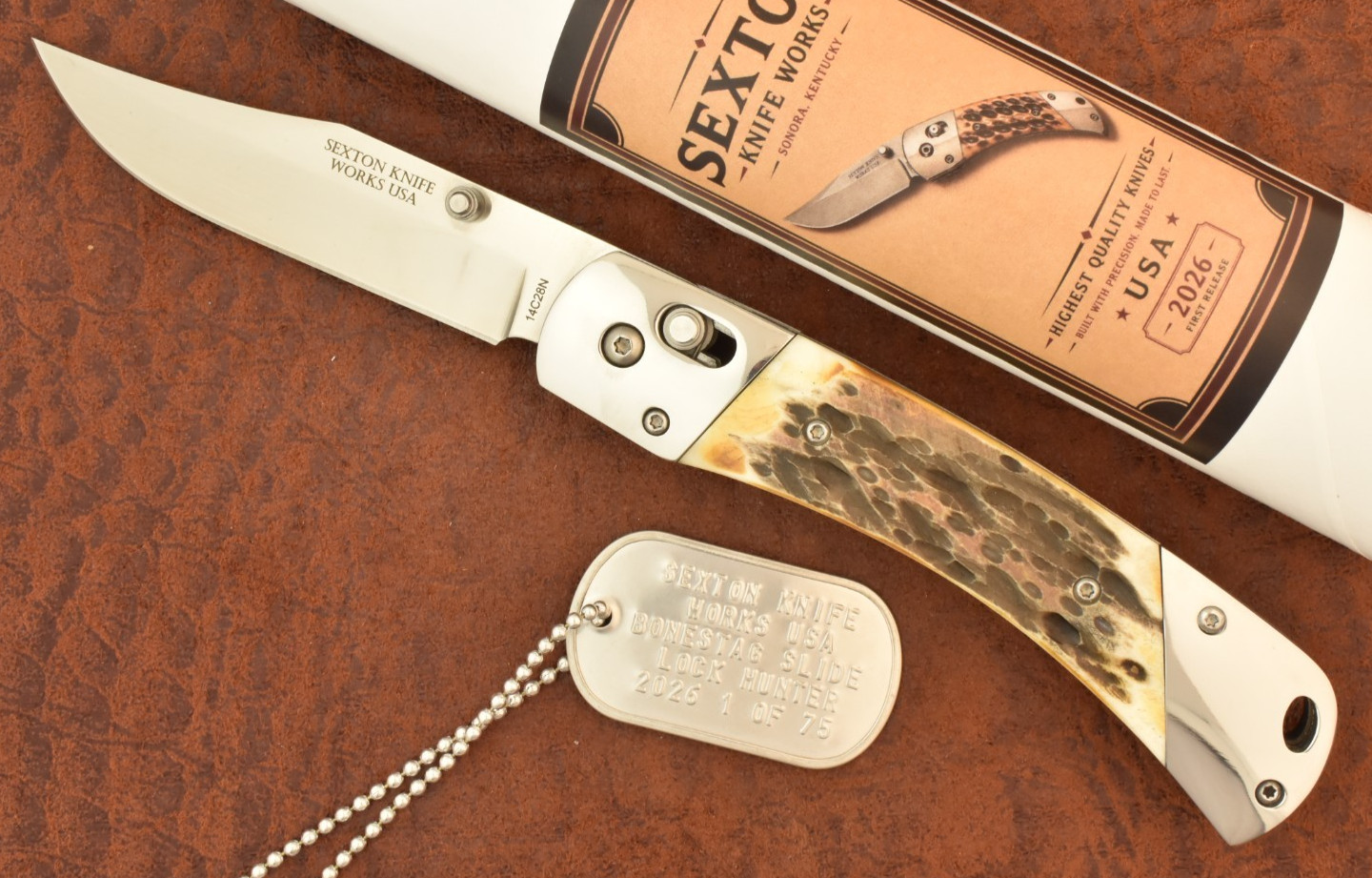 SEXTON KNIFE WORKS USA 2026 BONESTAG SLIDE LOCK HUNTER KNIFE 1 of 75 PLAIN BLADE
