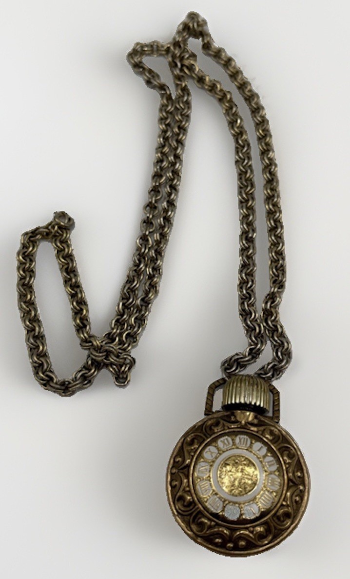 VItg Avon Perfume Bottle Necklace Clock Charn Long Gold Tone Chain Pre-owned 32