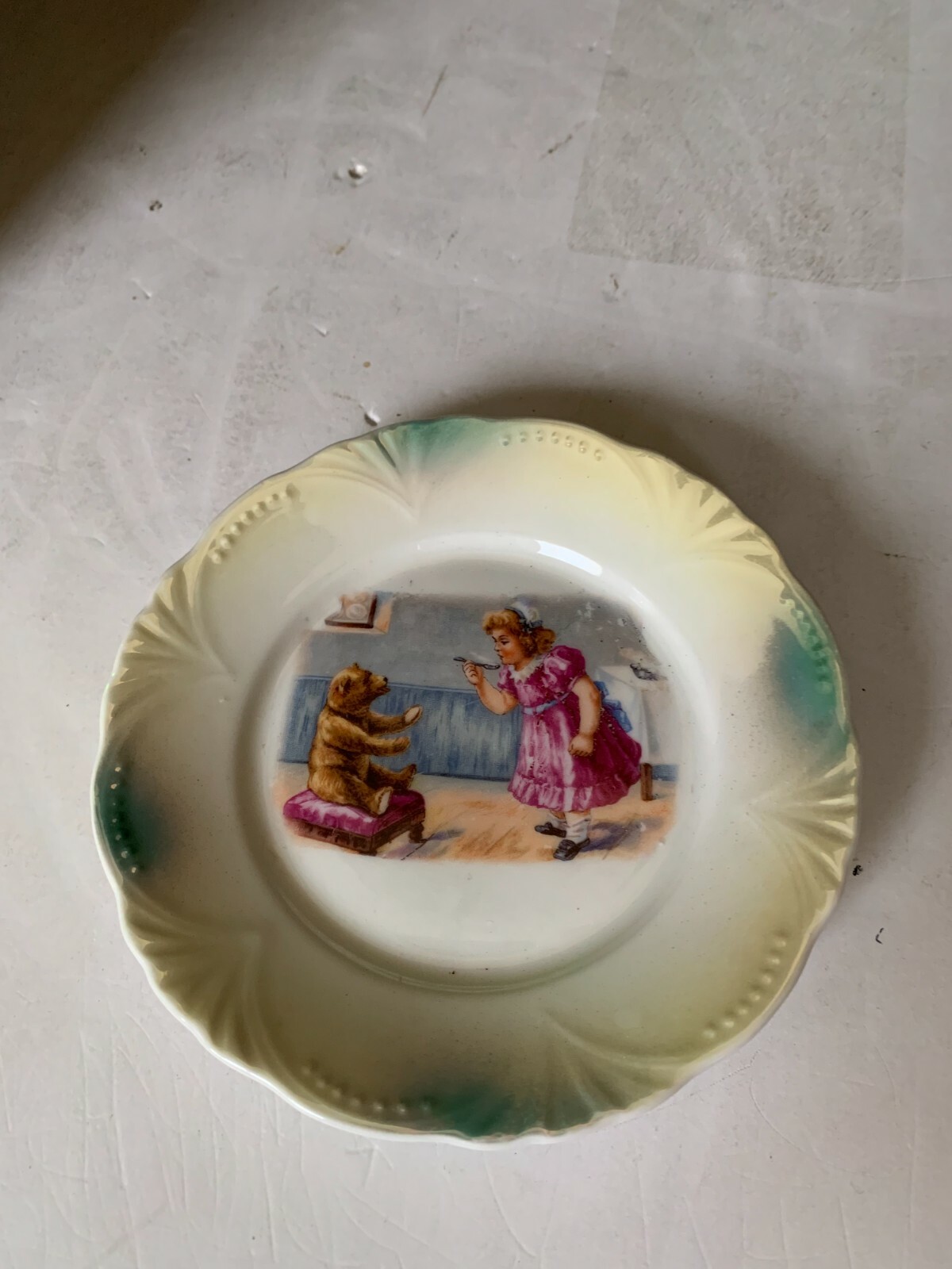 Antique German 1920\'s Girl Feeding Teddy Bear Whimsical Plate