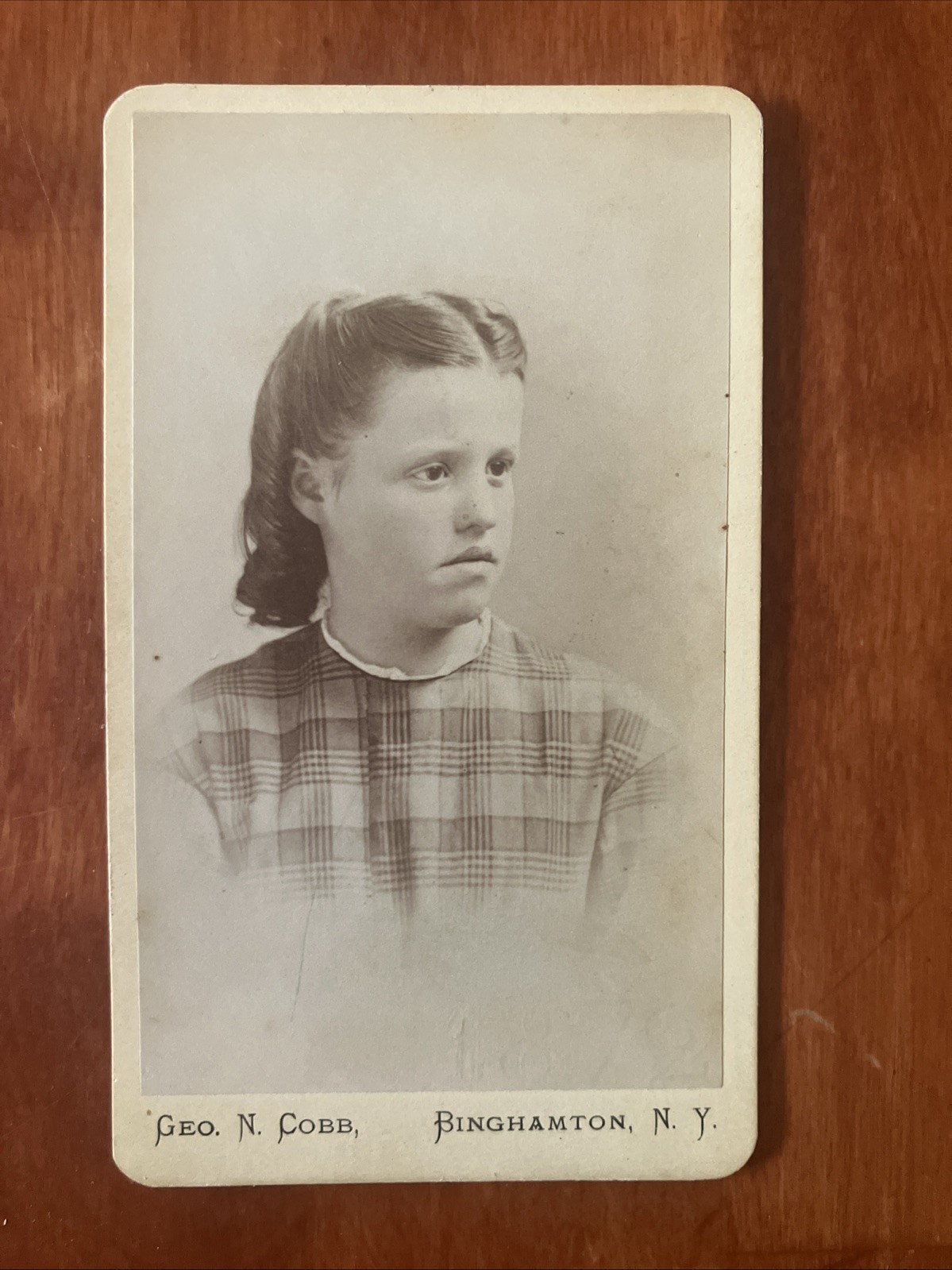Pretty Girl Plaid Dress Ringlet Curls CDV Antique Photo Binghamton NY