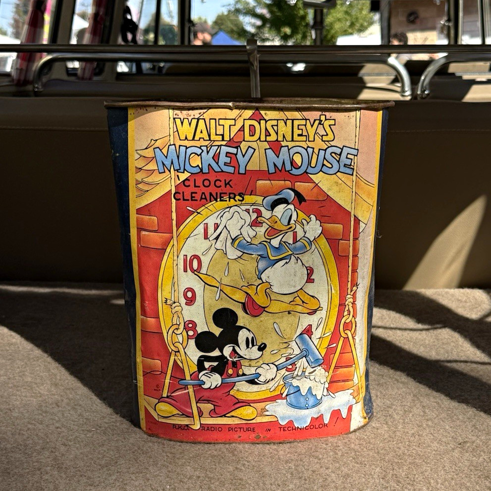 Walt Disney Mickey Mouse Clock Cleaners Advertising Tin Red Yellow Blue