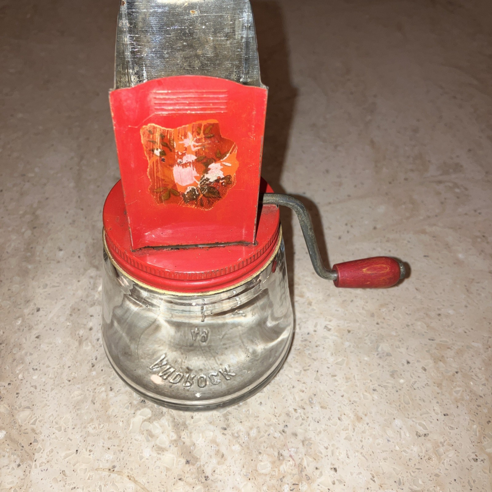 Vintage Androck 49 Hand Crank Nut Grinder Red Glass Jar w/ Lid & Wood Handle