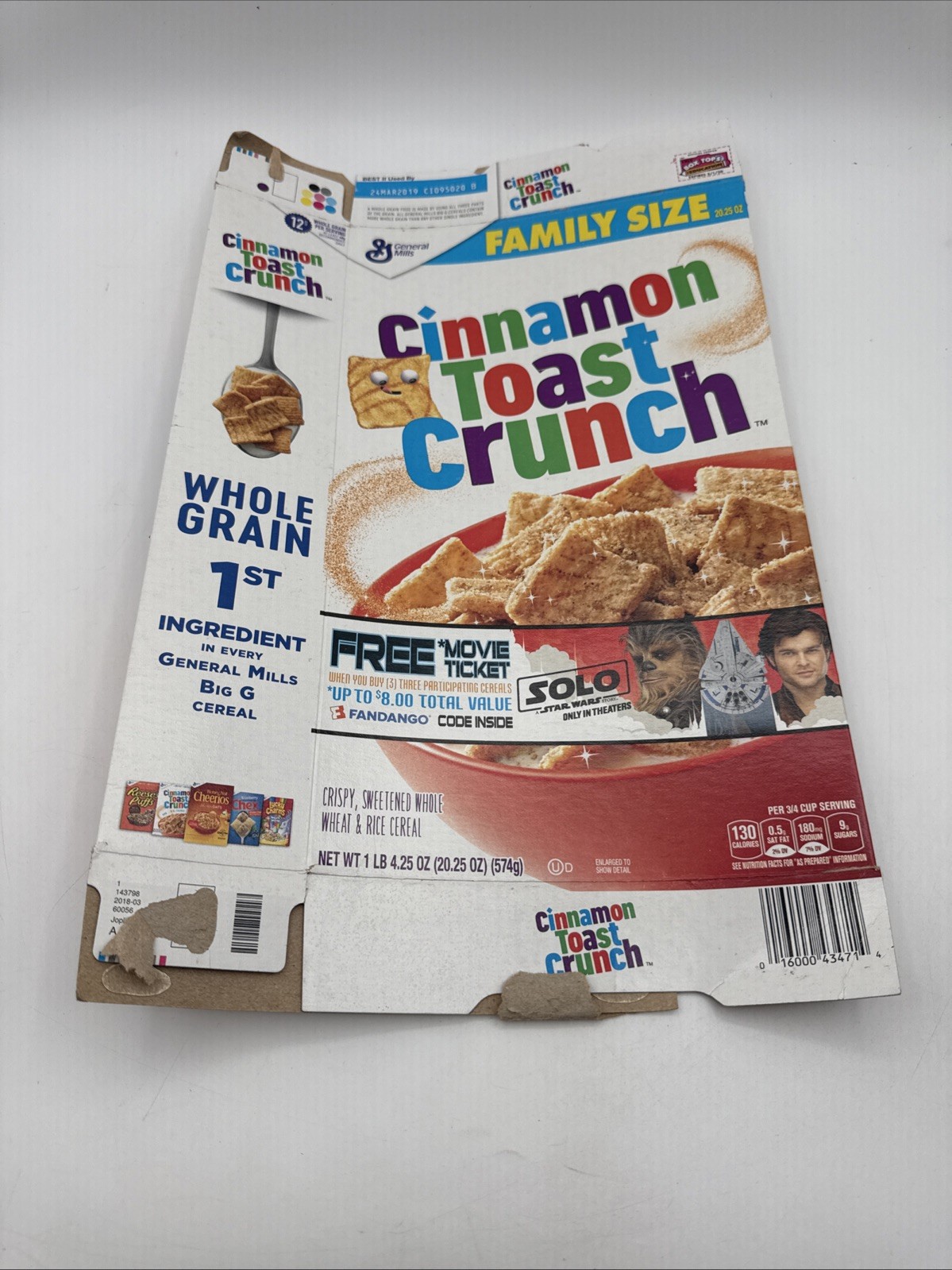 2018 Empty Cinnamon Toast Crunch Solo Star Wars Ticket Offer Cereal Box