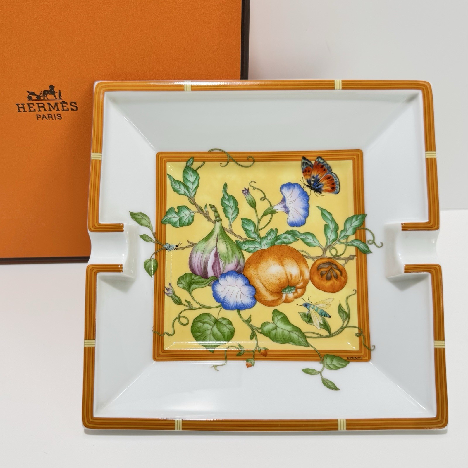 Hermès Tray La Siesta Ashtray Change Trinket Vintage Porcelain Orange White Box