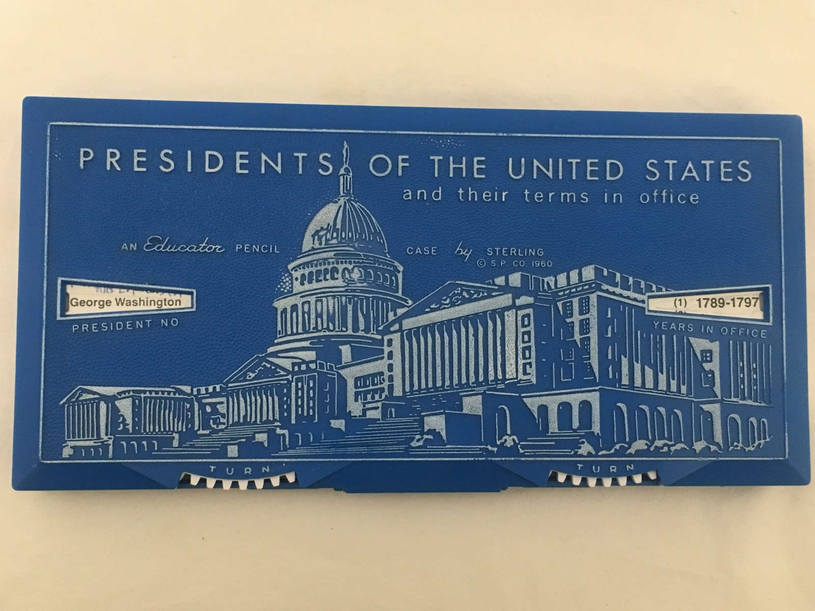 Vintage 1970s Sterling Plastics Presidents of United States Blue Pencil Case