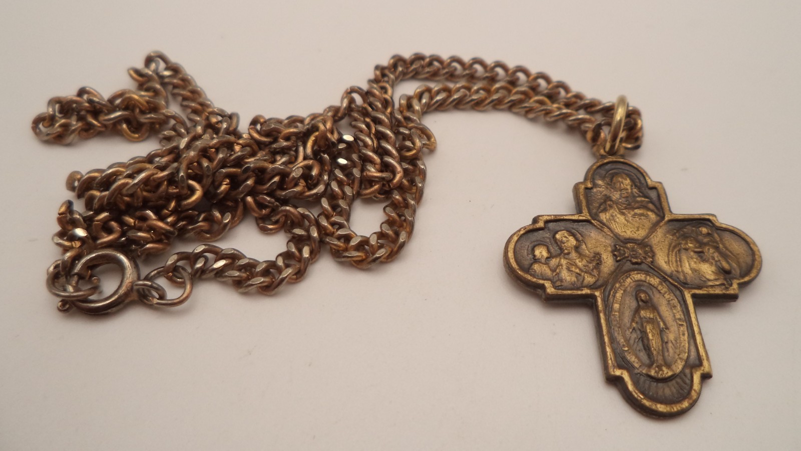 Vintage Catholic 4 Way Cross Medal Necklace Pendant Call A Priest Brass Tone 18