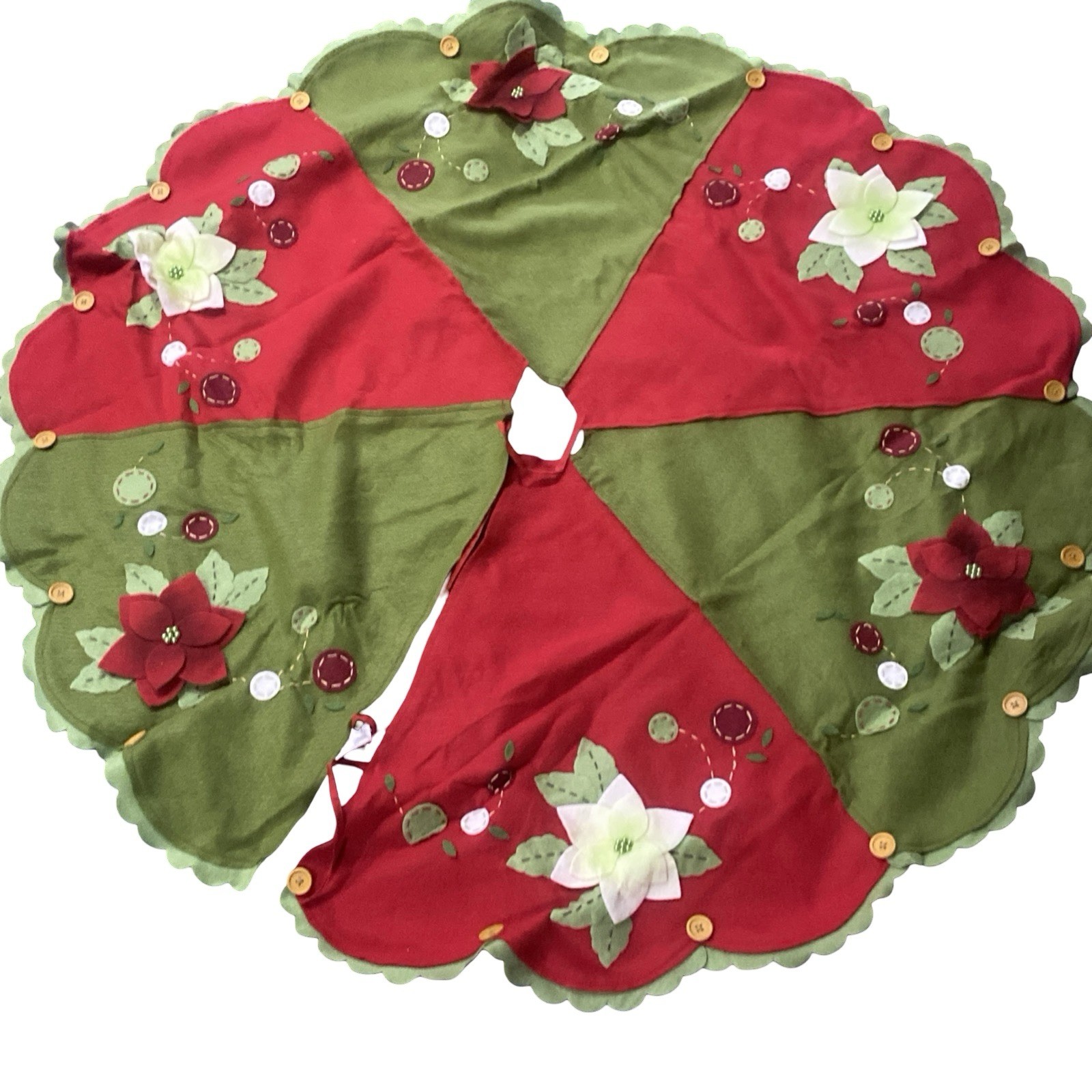 Avon Felt Christmas Tree Skirt Poinsettias Appliques Embroidered Red Green 46”