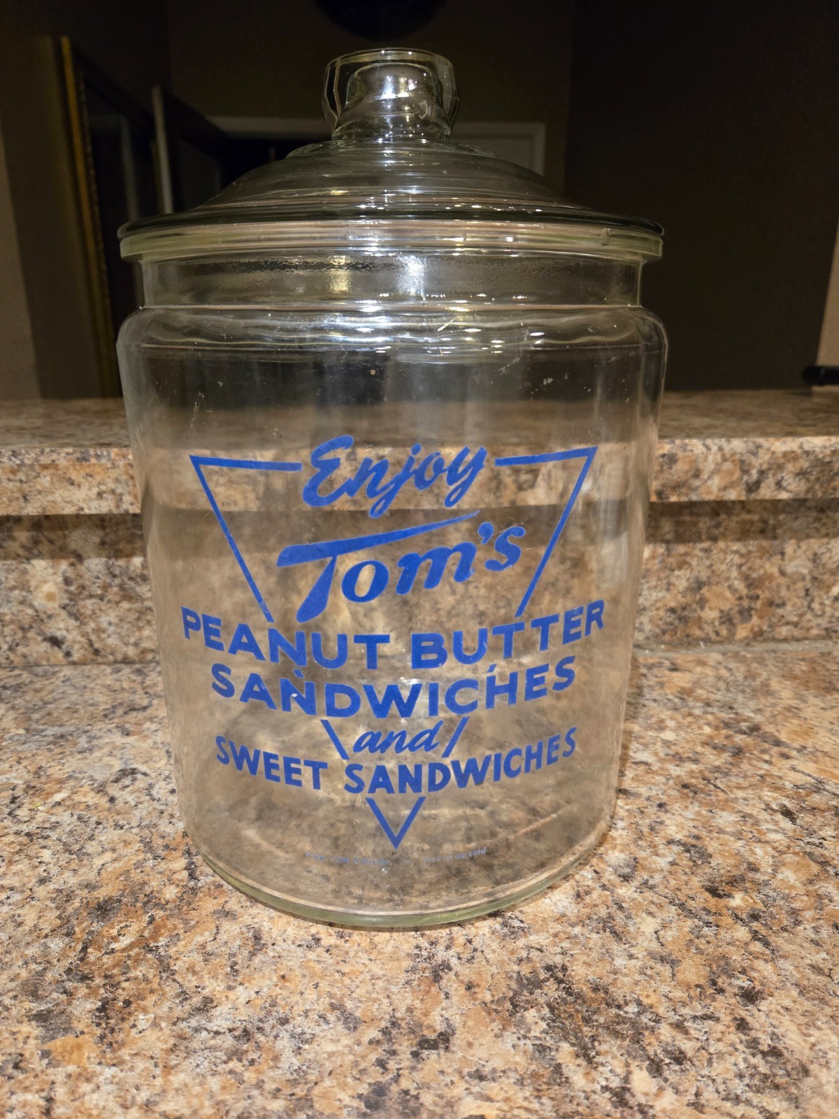 Vintage Counter Top Enjoy Tom's Peanut Butter Sandwiches Large Glass Jar RARE