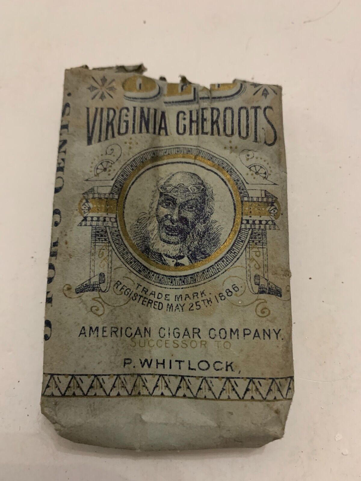 circa 1886 Old Virginia Cheroots Cigar Paper Package 3 for 5 cents P. Whitlock