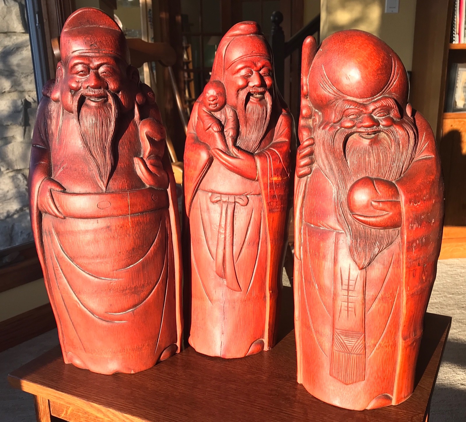 Fu Lu Shou Antique Large Rare Hand Carved Bamboo Chinese Statues Three Star Gods