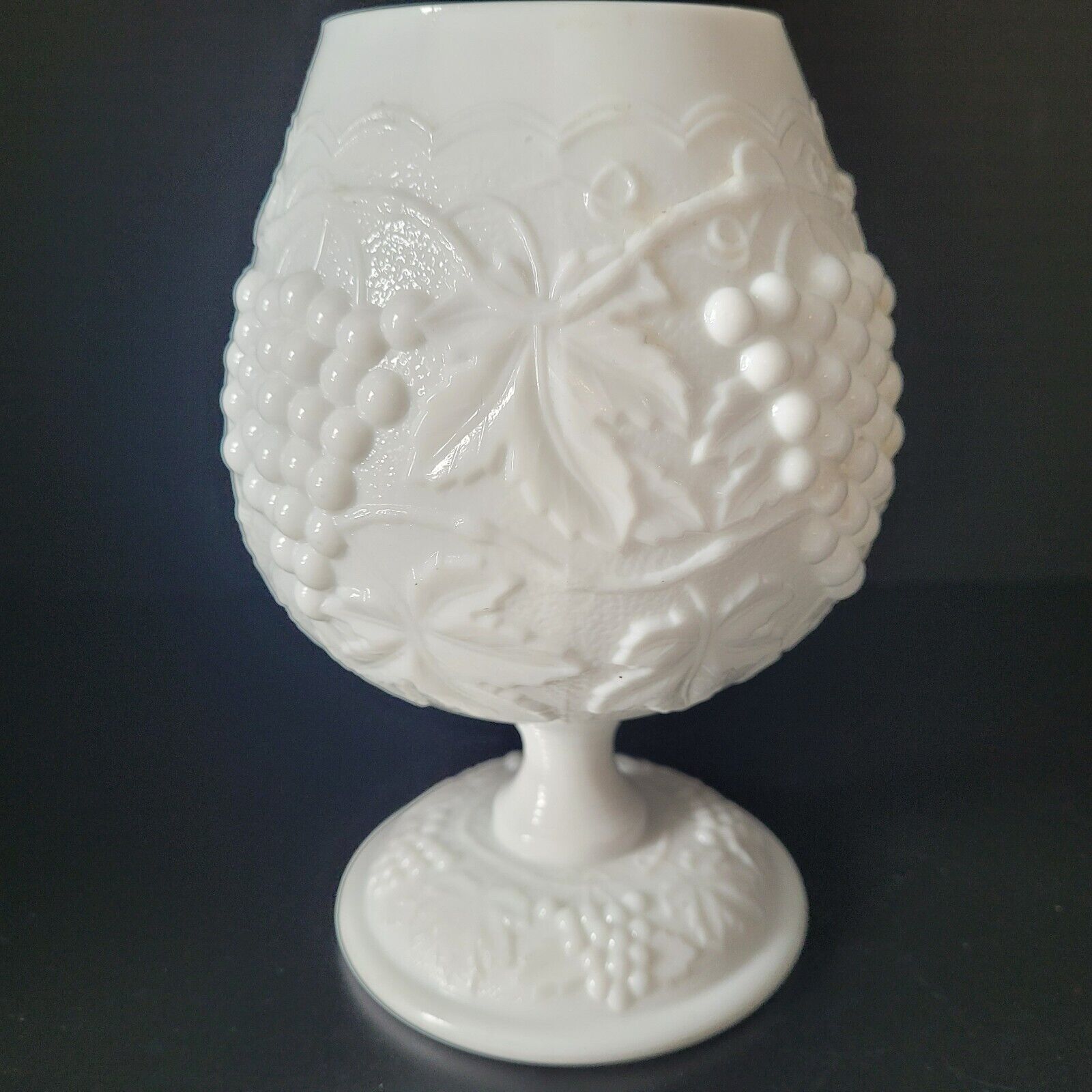 Imperial Glass Ohio Milk Glass Ivy Bowl/Brandy Snifter w/ Grape Vine Design VTG