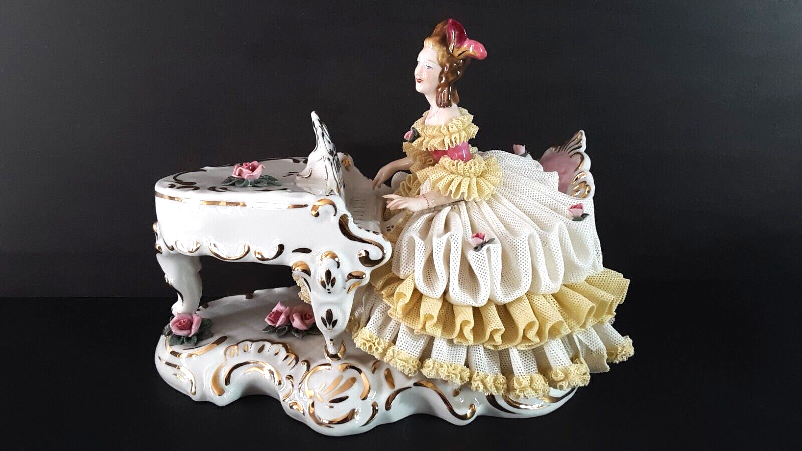 LARGE DRESDEN PORCELAIN LACE FIGURINE 'LADY with GRAND PIANO' marked 'GERMANY'