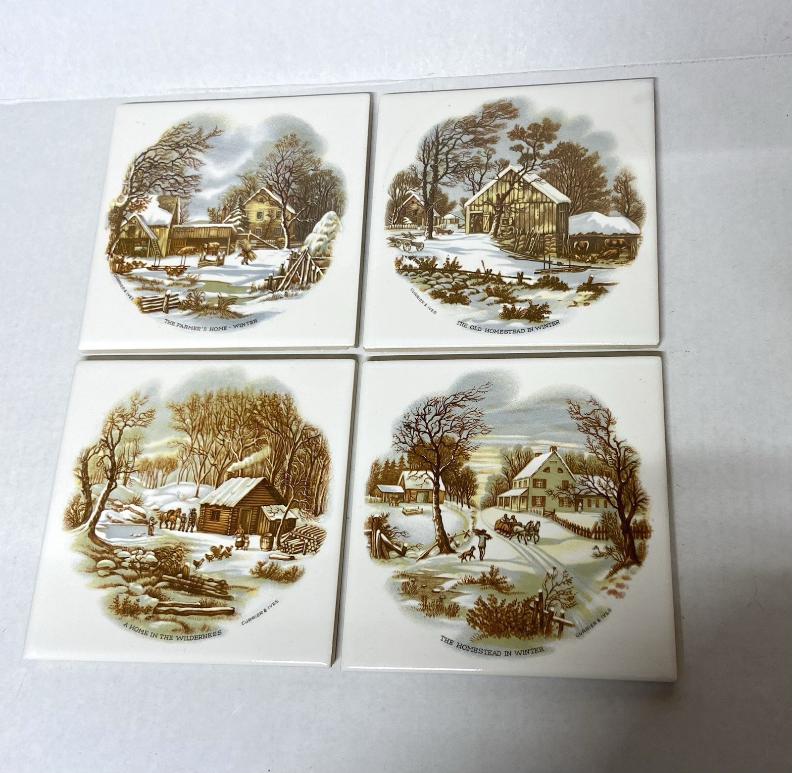 VTG Currier & Ives Winter Scene Ceramic Tile Set Of 4 Decorative Art Tiles 6