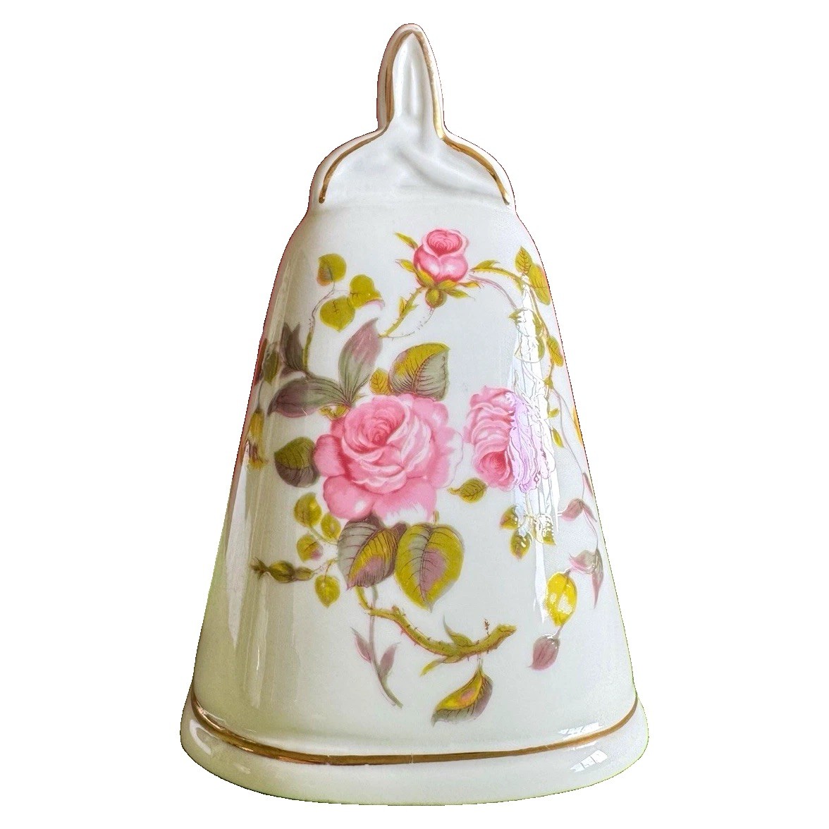 Vintage White Porcelain Floral Bell Pink Roses Gold Trim Trinity Knot Handle Vintage White Porcelain Floral Bell Pink Roses Gold Trim Trinity Knot Handle