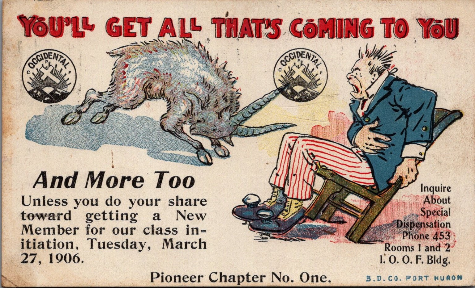 1906 I.O.O.F. Occidental Pioneer Chapter No. 1 Fraternal Cartoon Postcard